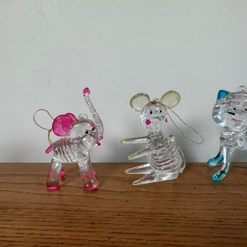 Vintage Spun Plastic Glass look Ornaments Lot of 5 Elephant Cat Swan Dog Mouse‎